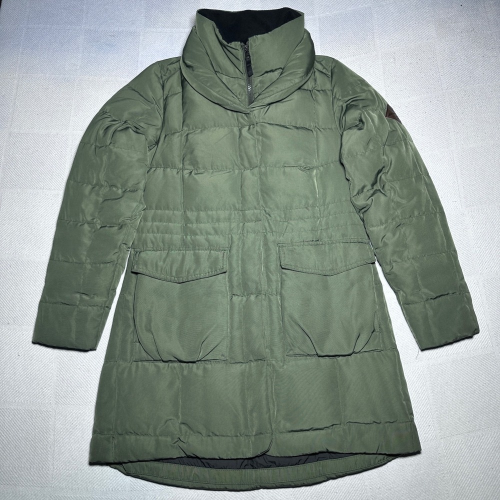 Eddie Bauer Yukon Down Parka Women XS Quilted Puffer Jacket Olive Green Snap Zip